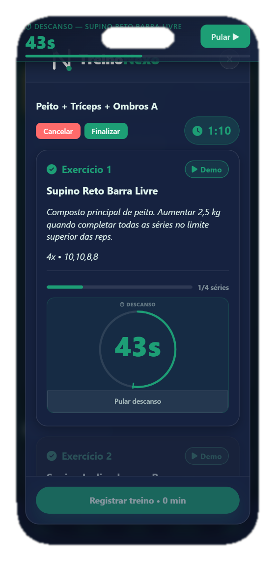 Tela de execução de treino no app TreinoNexo, com séries, cargas e timer