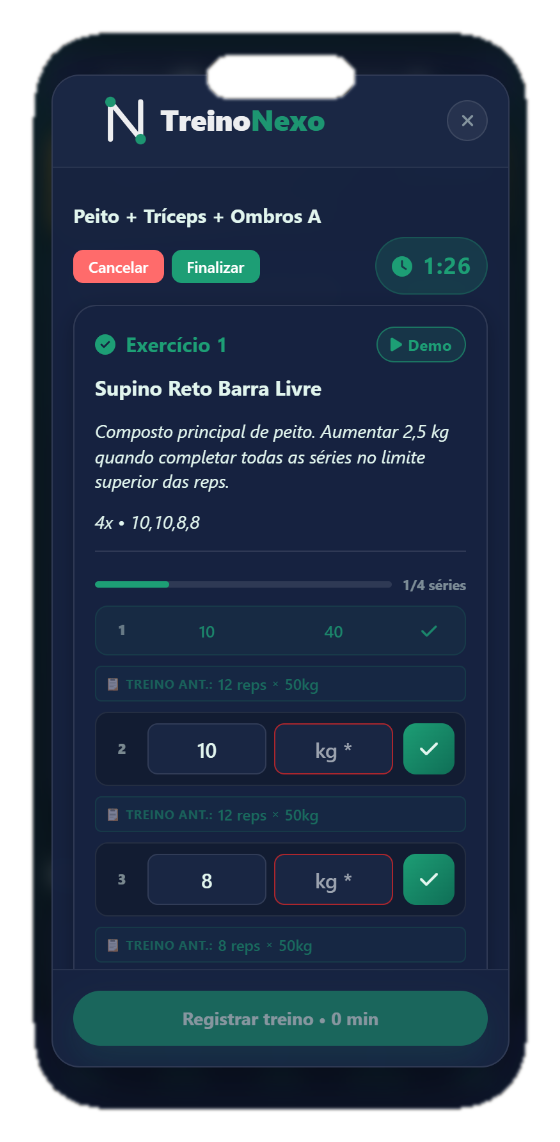 Tela de execução de treino do TreinoNexo